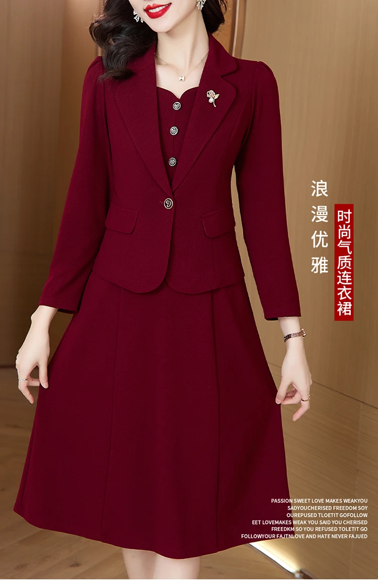 Autumn Winter Red Long Sleeve Midi Suit Dress Women Fashion Patchwork Fake Two Piece Dress 2024 New Korean Elegant Bodycon Dress