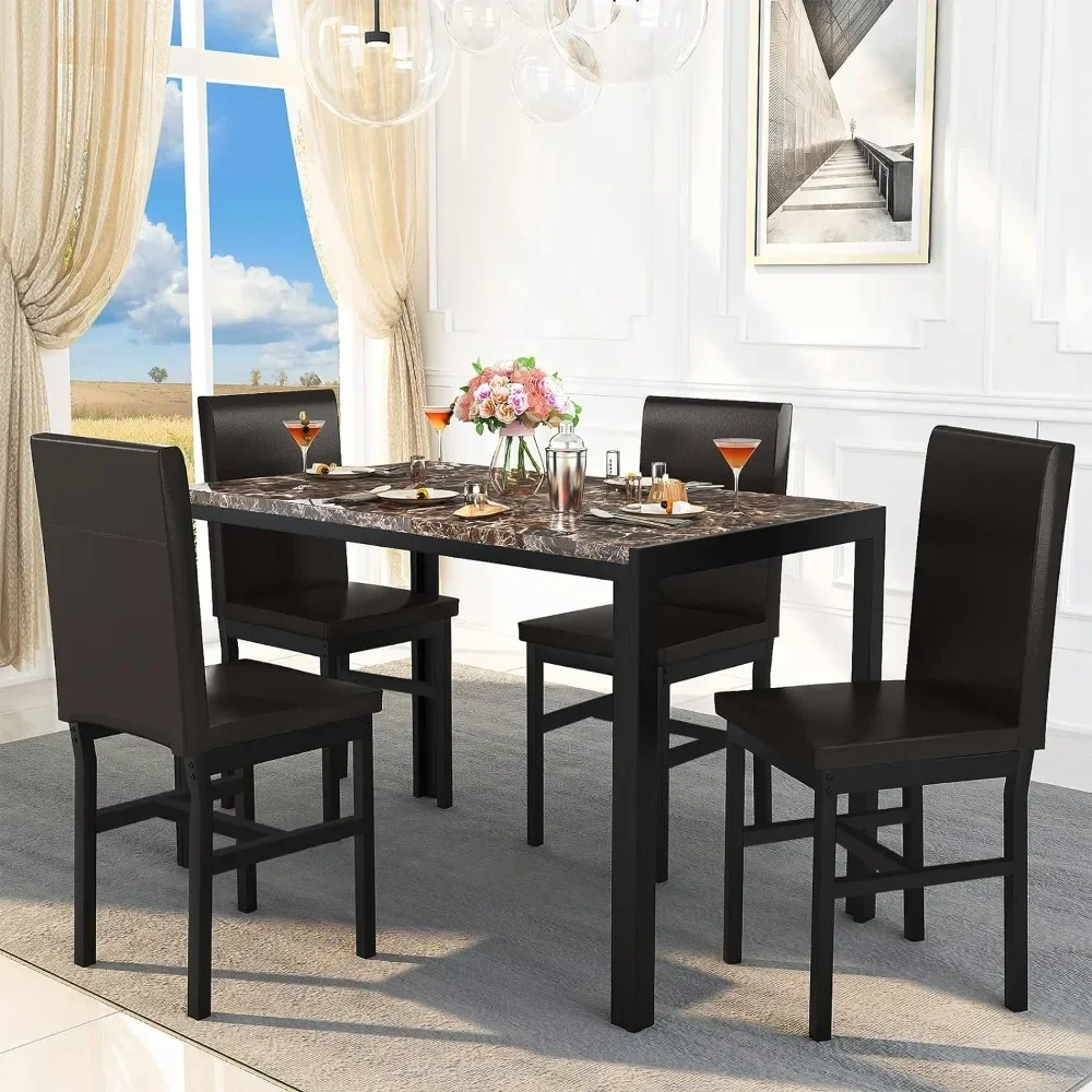 Faux Marble Dining Set for Small Spaces Kitchen 4 Table with Chairs Home Furniture (Brown)