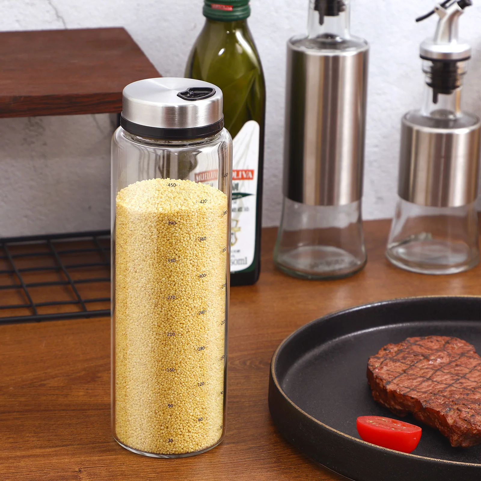 

Rotary Glass Pepper Container 500ml Stainless Steel Spice Bottle Kitchen Storage Jar Salt Shaker Home Restaurant Use