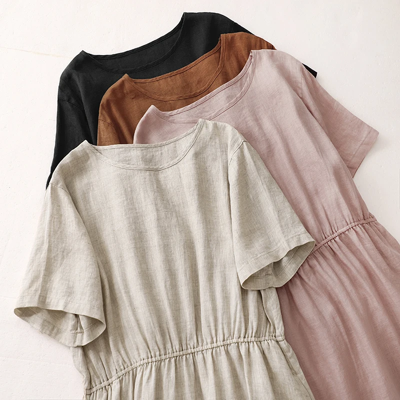 Thin Solid Cotton Linen Short Sleeved Round Neck Simple Elastic Basic Dress Women Summer Casual Oversize Seaside Vestidos X1261