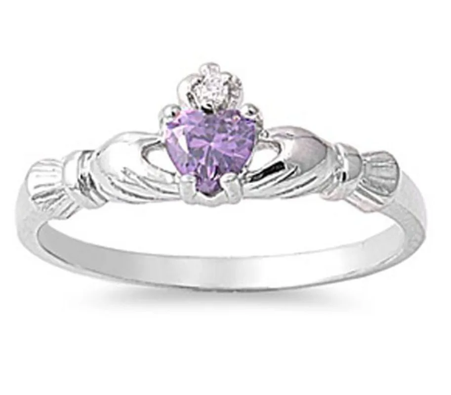 Heart Lab Amethyst Claddagh Ring 10KT White Gold Filled Engagement Wedding Rings for Women Anniversary Jewelry Gift