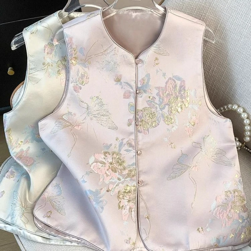 

2026 Spring Fall Women Sleeveless Dobby Floral Butterfly Beige Vest Coat , Woman Chinese Style Vintage Vests Coats