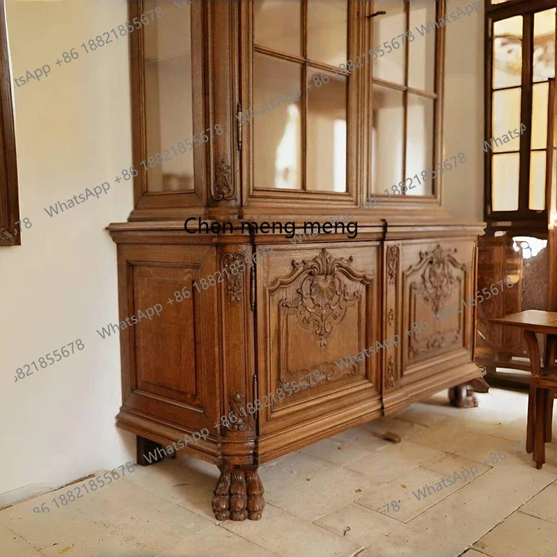 French retro solid wood bookcase large capacity carved dining side American display wine cabinet locker