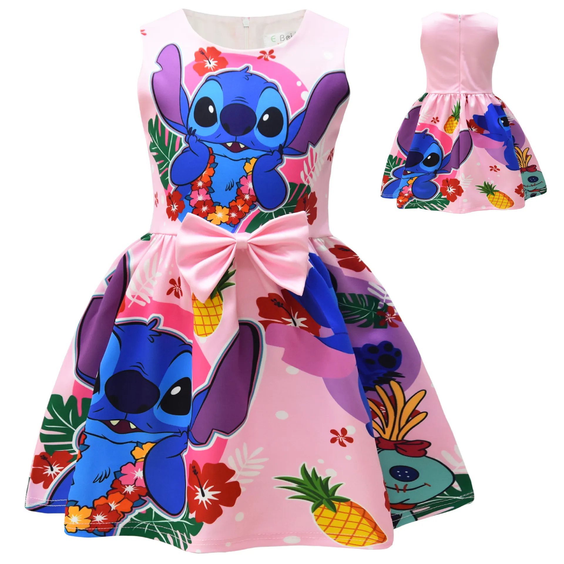 Lilo and Stitch Dress Girls Front Bowknit Sleeveless Summer Clothing Children Girls Kids Birthday Party Clothes 3-7Y Wholesales