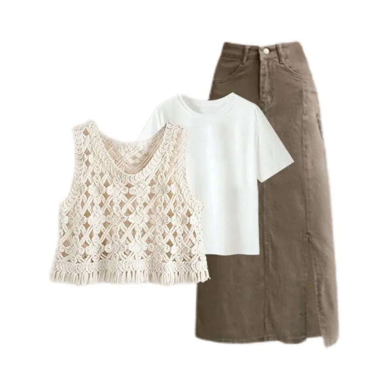 

Summer Suit Skirt New Spice Girl Hollow Vest Short-sleeved T-shirt Split Denim Skirt Three-piece Set High Appearance Level Suit