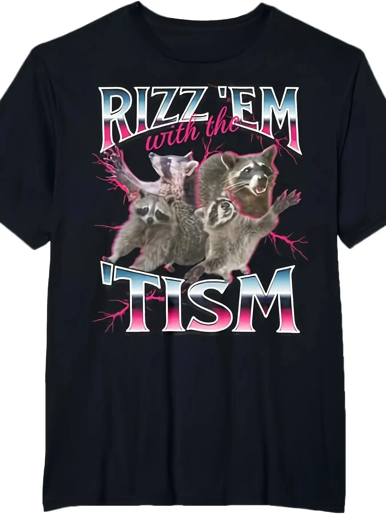 تي شيرت برسومات للرجال - تصميم نص الراكون والتيزم - قميص أسود مع لمسات وردية - ملابس شارع كاجوال للاستخدام اليومي #1