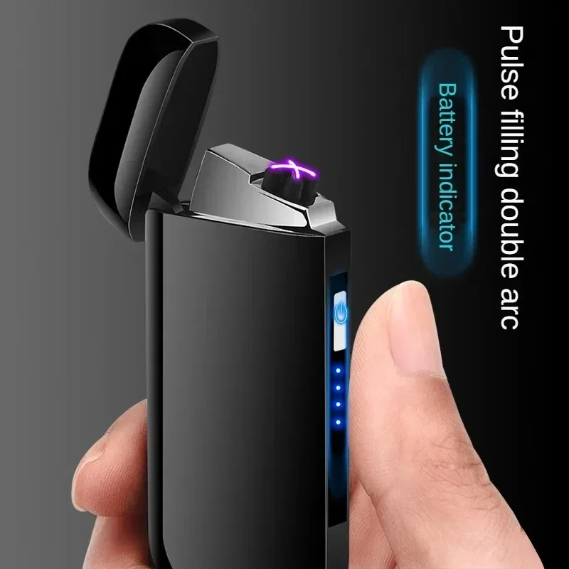 

Windproof Electric USB Rechargeable Plasma Double Arc Flameless Metal Lighter LED Power Visible Pulse Outdoor Simple Lighters