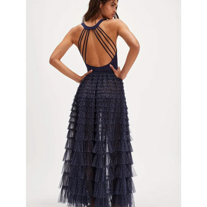 Women Tulle Tutu Long Skirt Layered Ruffles Sheer Mesh Elastic A-Line Skirt Beach Party Streetwear