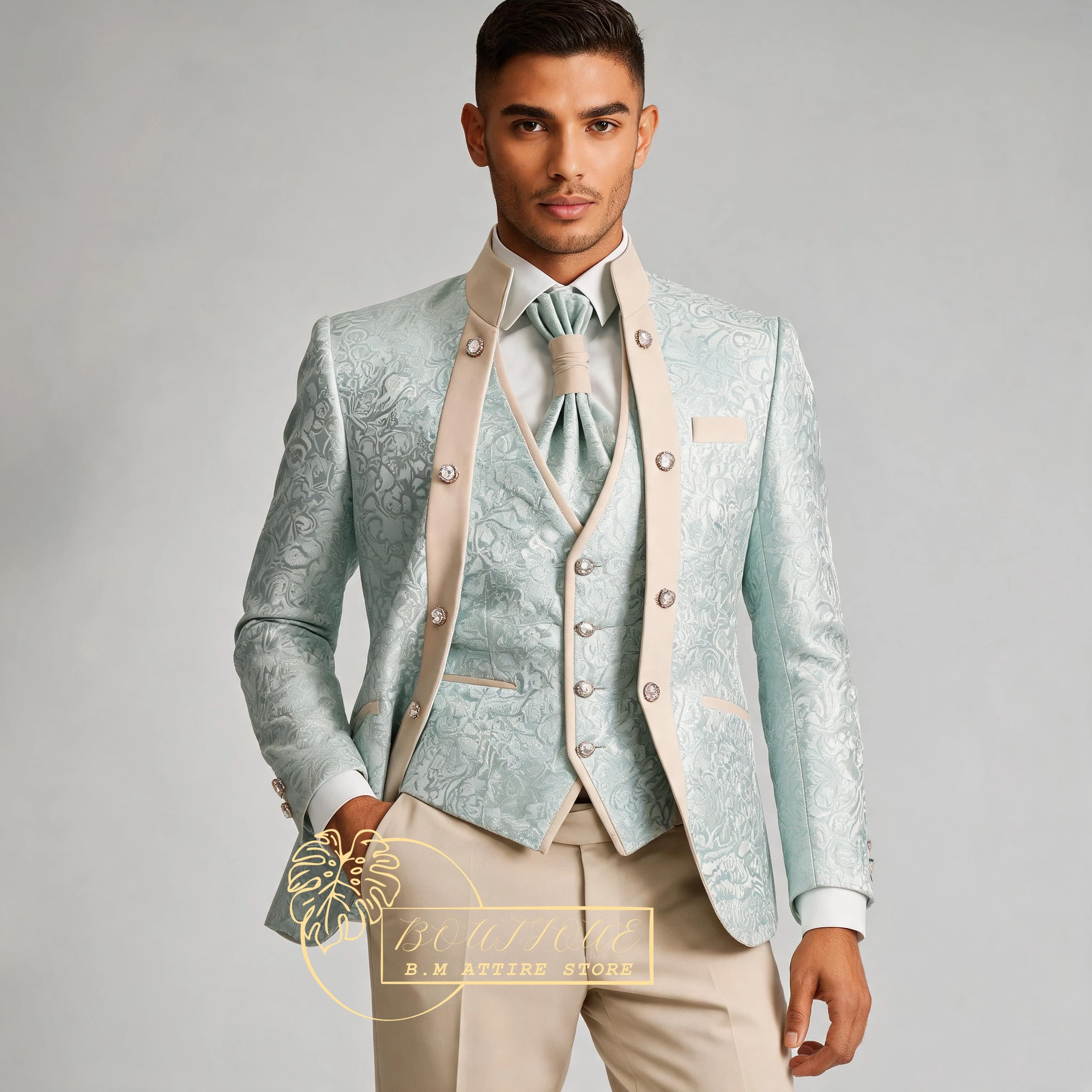 Sage Green Men's Suit 3pcs Jacquard Jacket Vest Beige Pants Custom Slim Fit Set for Wedding Groom Banquet Prom Party Tuxedo