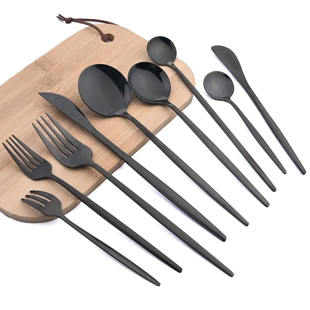 10Pcs Tableware Sets Knife Fork Long Handle Spoons Dinnerwa Dessert Flatware Mirror Cutlery Stainless Steel Tableware Silverware