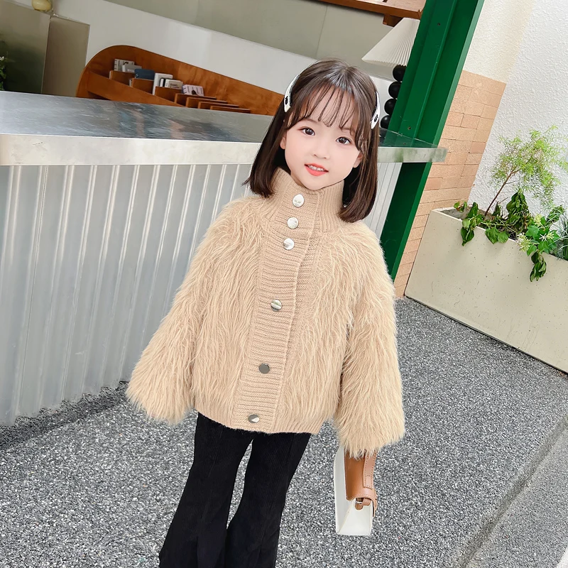 

Girls Furry Sweaters Coat 2023 Winter Children Padded Knitting Cardigan Faux Fur Baby Sweaters Single Breasted Fur Sweater Tops