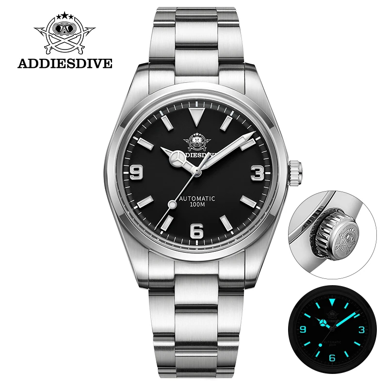 ADDIESDIVE Explorer Climbing Watch Automatic Mechanical 38mm Vintage Black Dial Domed Sapphire Luxury Brand Mens Diver Watches