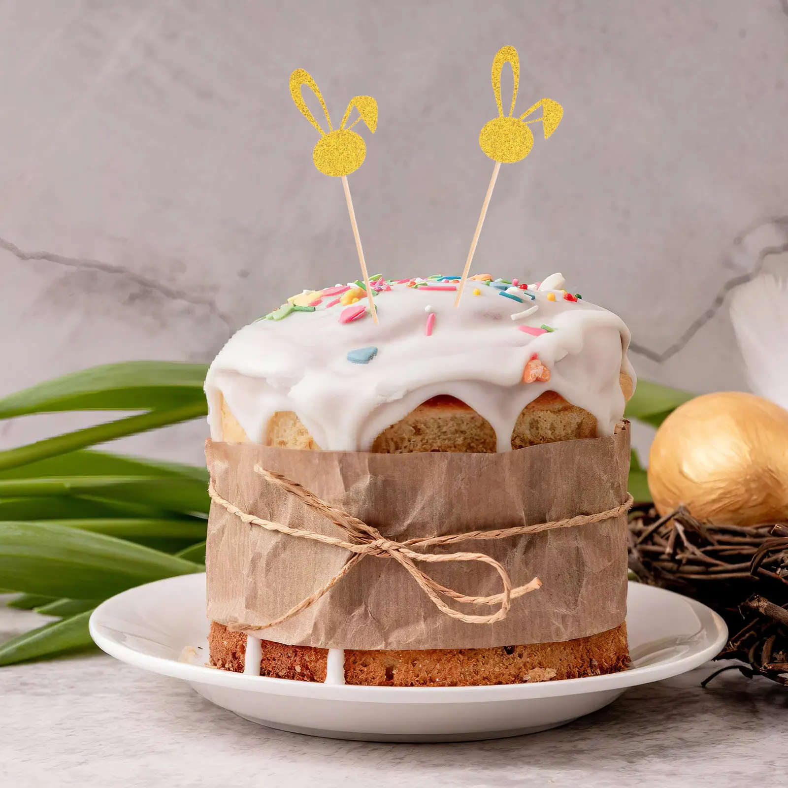 50Pcs Glitter Rabbit Ear Cupcake Toppers Bunny Birthday Easter Cake Decor Picks Spring Party Shower Dessert Decoration Cake