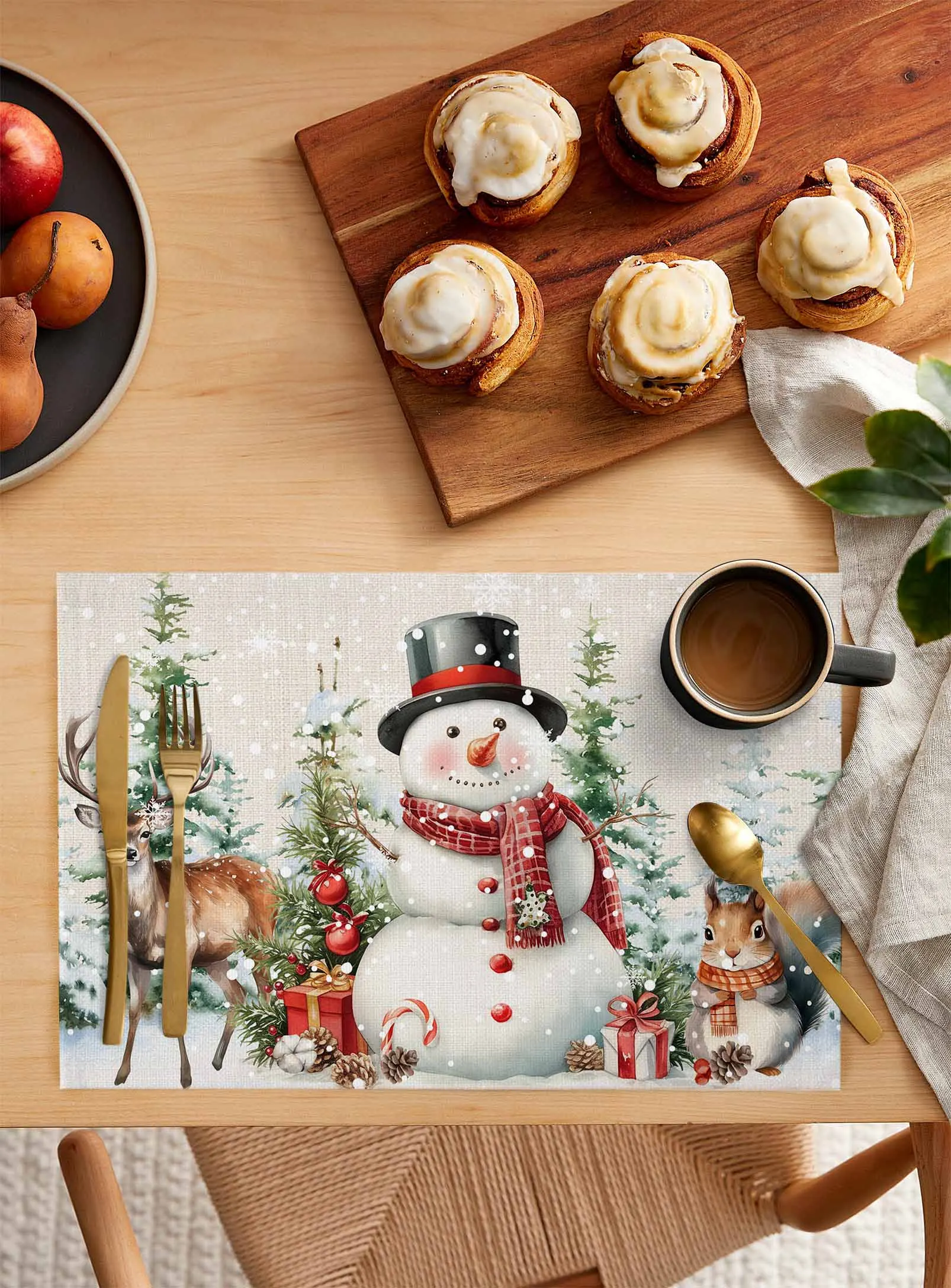 4PCS Christmas Snowman Berry Pine Christmas Tree Squirrel Placemats Linen Dining Table Mats Coaster Kitchen Home Decoration