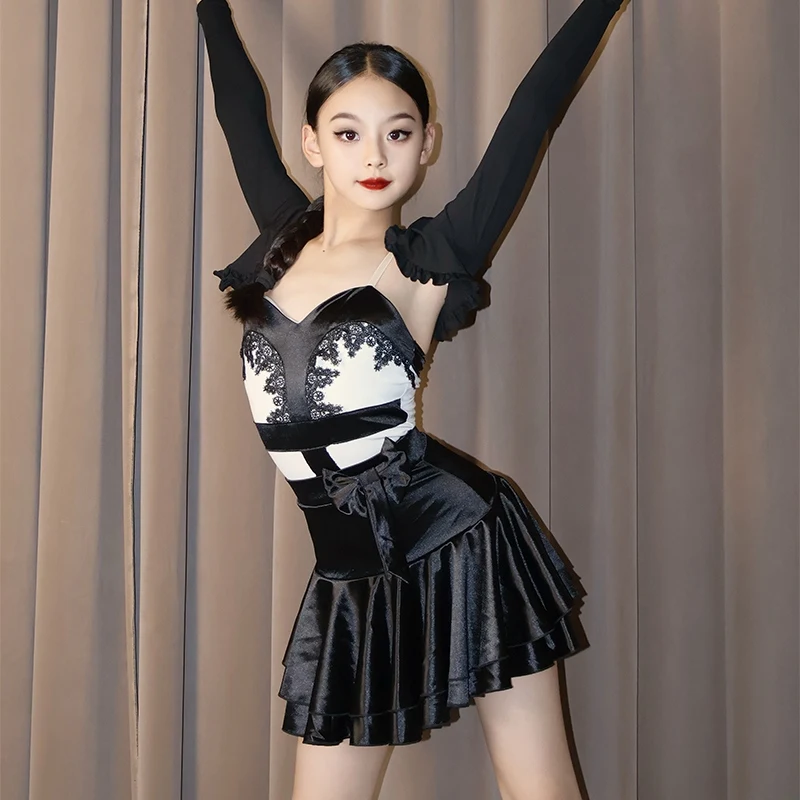 Vêtements de danse latine pour filles, Costume noir 3 pièces à manches longues, Costume de danse Cha Cha Rumba, robes de spectacle, automne et hiver, DNV25289