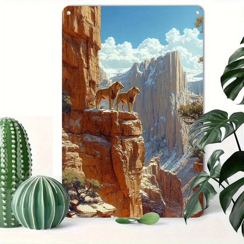 Metal Wall Art - Majestic Lion and Cub on Rocky Cliff, 20x30cm, Ideal for Home or Office Decor