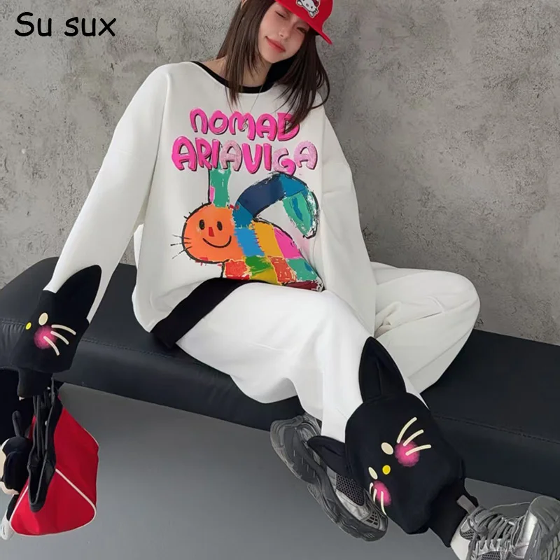 2026 Spring Multicolor Rabbit Letter Print Oversized Pant Sets 2 Piece Woman Japanese Korean Fashion Casual Pullove Sweatshirts