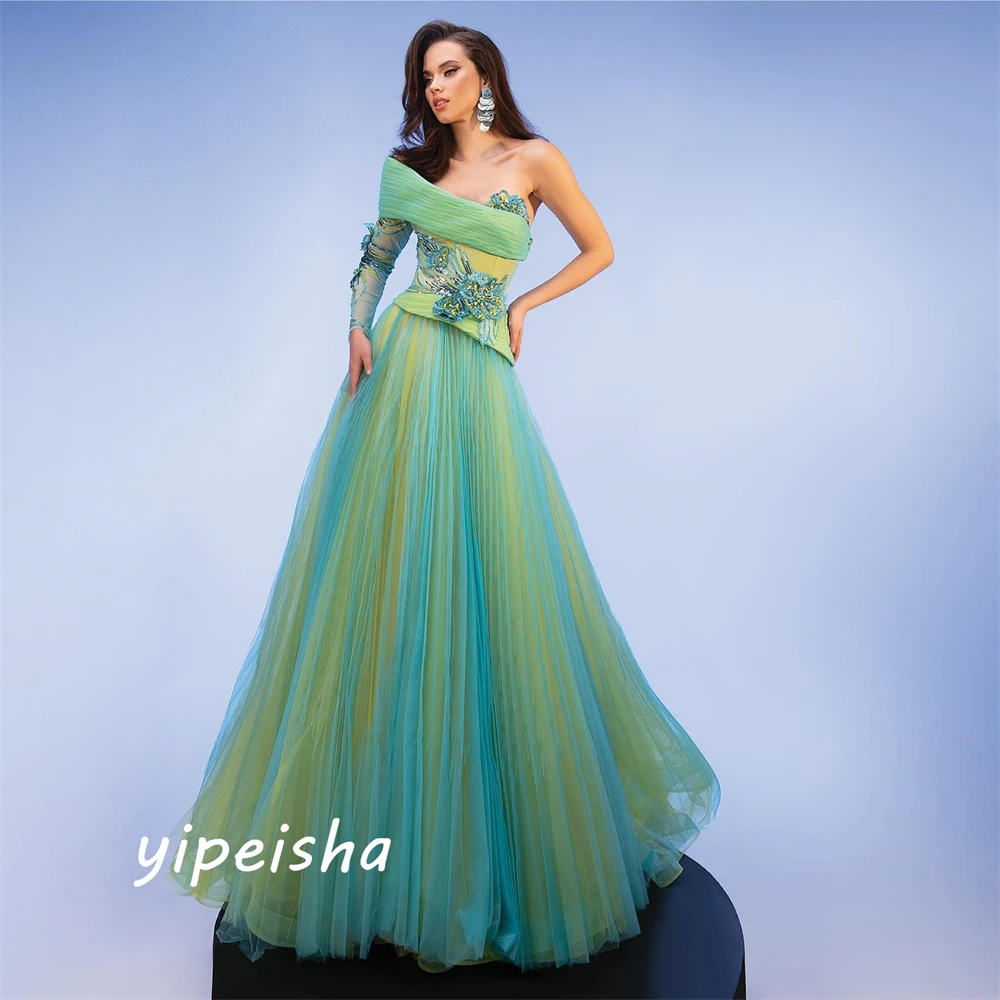 Yipeisha Matching Women One-shoulder Ball Gown Celebrity  Applique Draped Floor Length Organza Evening Vestido