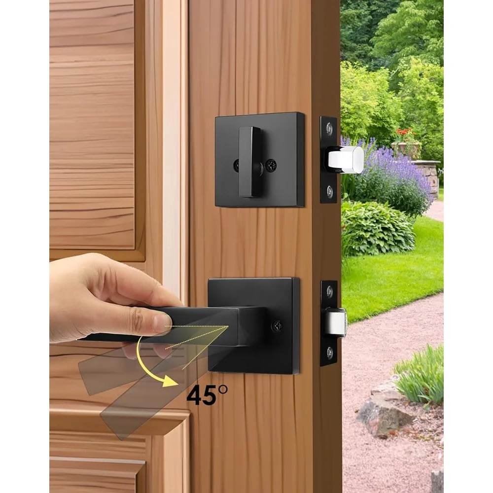 Exterior Door Handle Deadbolt Lock Set Matte Black Heavy Duty Zinc Alloy Full Escutcheon Push Button Latch Easy Installation