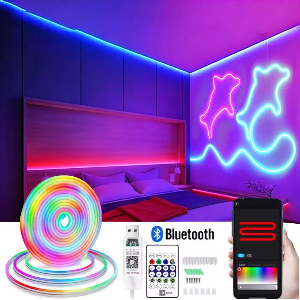 

2812 LED Strip Lights 5V USB RGBIC 1-5M Music Sync Bluetooth APP Remote Control RGB Flexible Neon Tape For Room Party Sign Decor