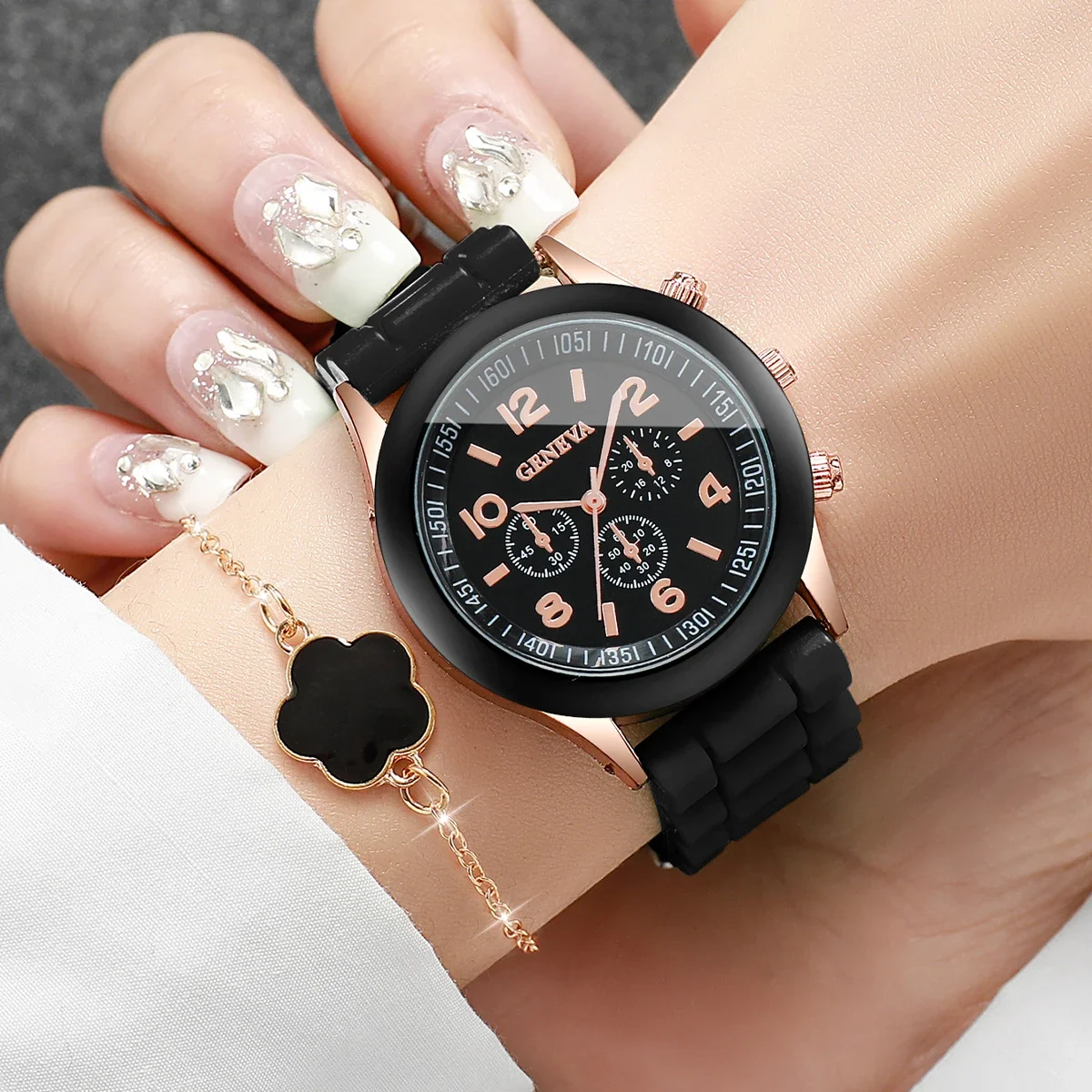 2PCS/Set Fashion Arabic Dial Women's Quartz Watch Silicone Strap Wristwatches Heart Bracelet Relogio Feminino（Without Box)