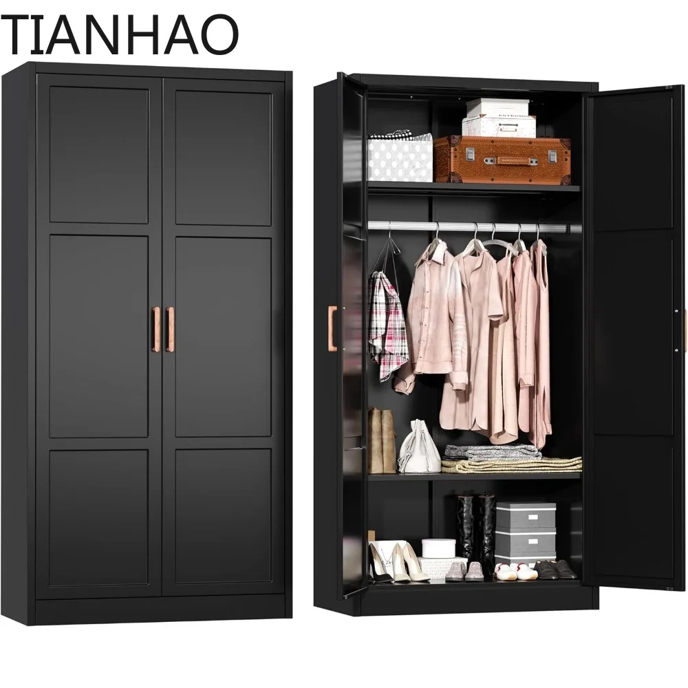 Metal Wardrobe Closet, 72 H Bedroom Armoires with Wooden Handle, Storage Cabinet with Adjustable Shelves and Hanging Rods
