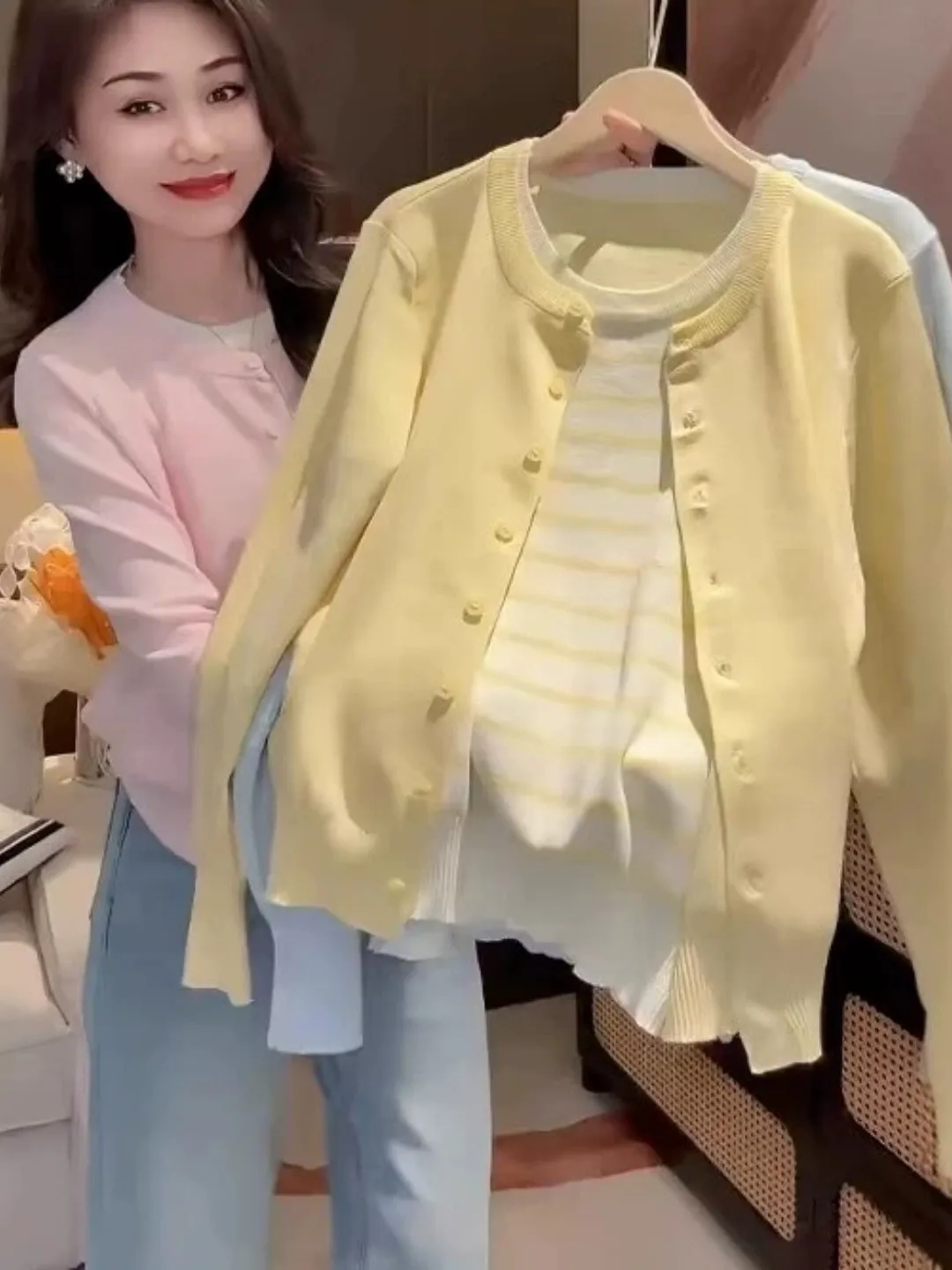 Color Block Striped Single Button Knitted Sweater Coat Women's Spring Autumn Fashion Casual Long Sleeve Top