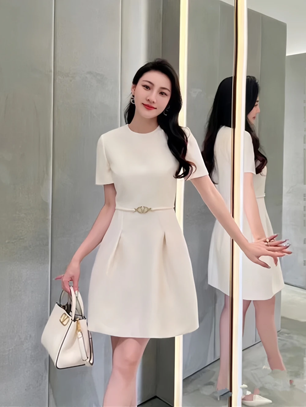 

Elegant Letter Metal Waist Belt Decoration Short Sleeve Acetate Dress New Summer 2024 Women's Fashion Commute Style Midi Dress