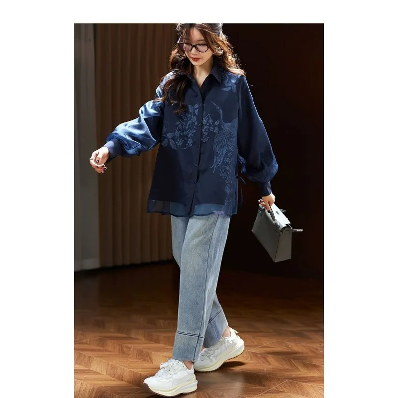 Autumn New Fashion New Chinese Style Slim Casual Versatile Solid Color Organza Splicing Shirt