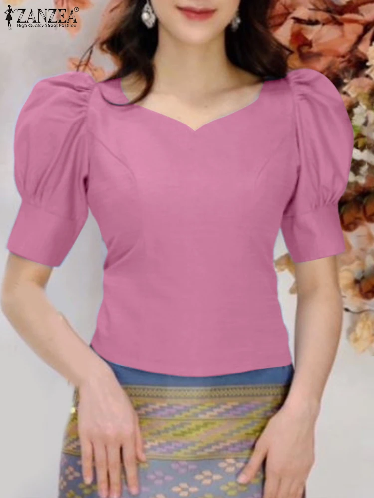 ZANZEA Elegant Women's Slim Fit Short Blouses Romantic Heart-Shaped Neckline Short Puff Sleeve Side Zipper Solid Color Tops 3XL