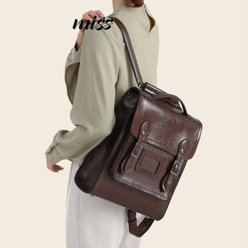 2026-new-fashion-leather-double-shoulder-women's-bag-casual-oil-waxed-cowhide-simple-retro-school-bag-trendy-backpack