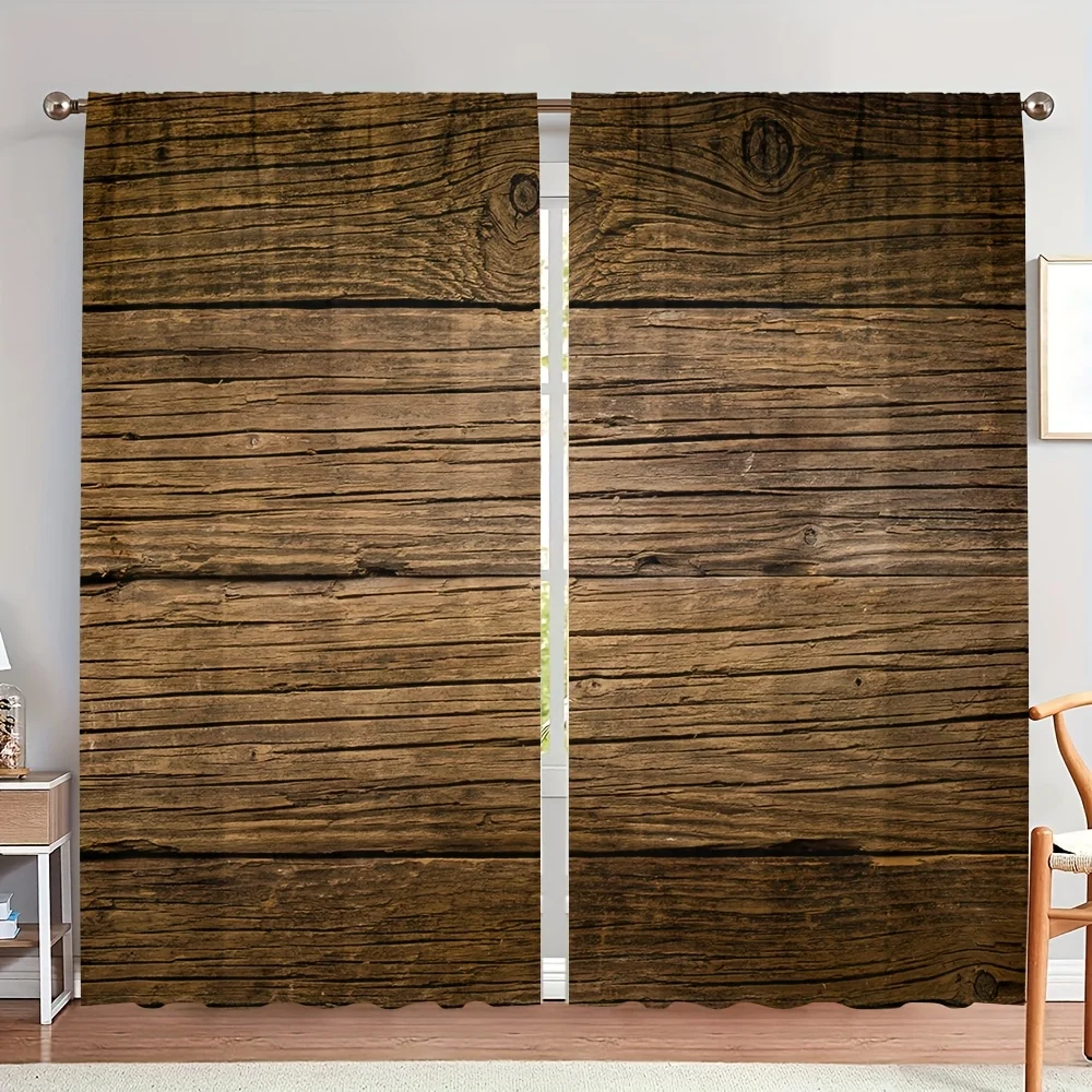 2 Pack Vintage Wood Grain Curtains-Realistic Dark Home Living Room Room Decorative Blinds