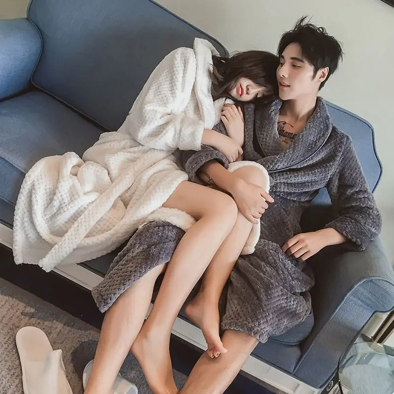 Flannel Couple Sleepwear Autumn Winter Warm Pajamas Large Size Nightgown Robe Long Sleeve Belt Coral Velvet Loungewear Bathrobe