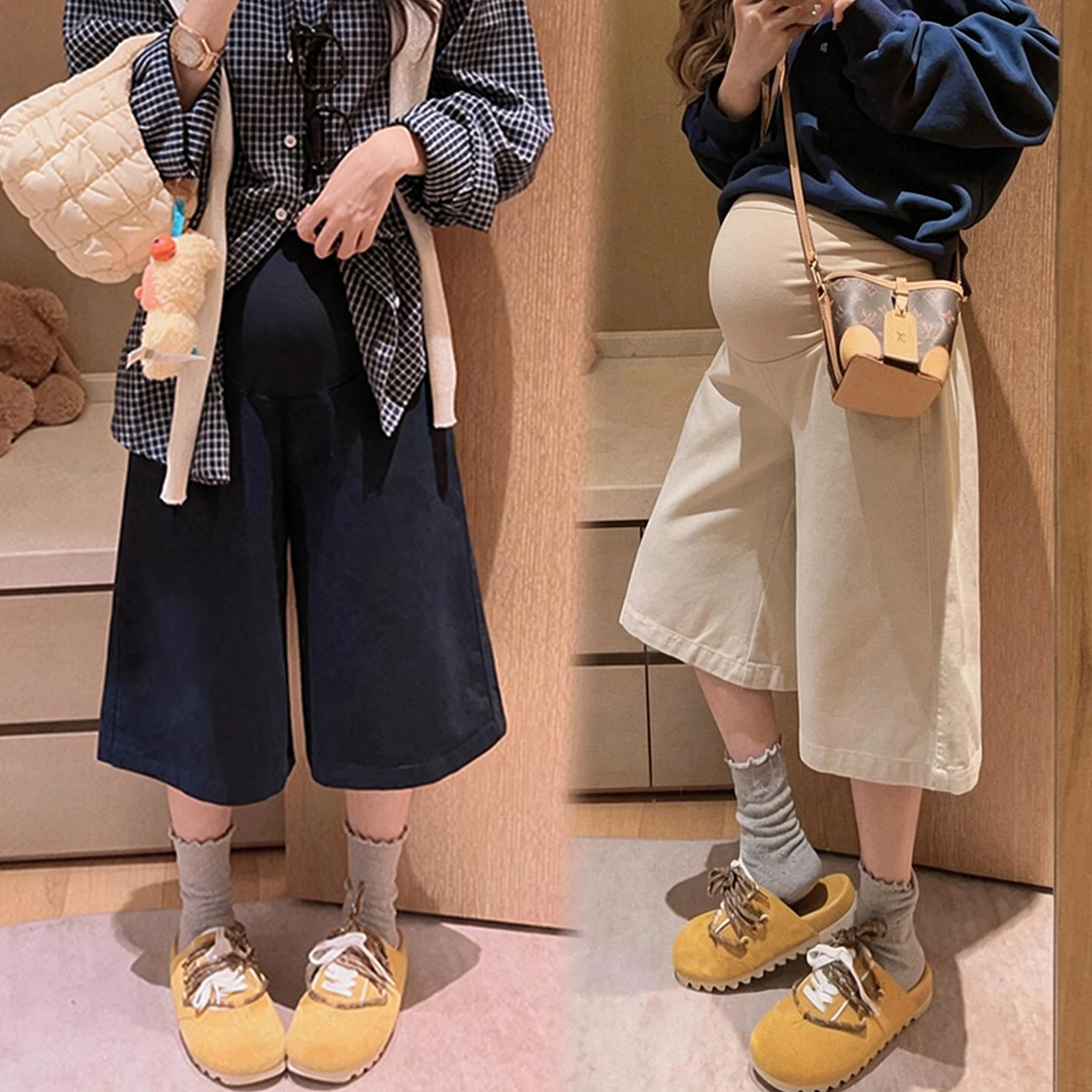 Maternity Over-Bump Wide-Leg Straight Knee-Length Shorts Sand-Washed Twill Loose Korean Casual Style for Fall/Winter Pregnancy