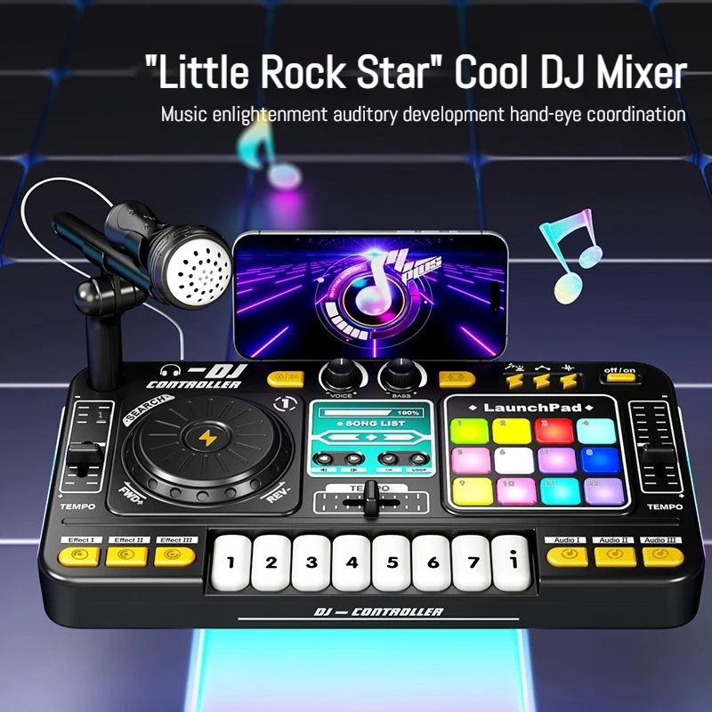 DJ Mixer Turntable Toy with Microphone Bluetooth Music Simulation Keyboard Multifunction Musical Instrument Gift for Kids Boys