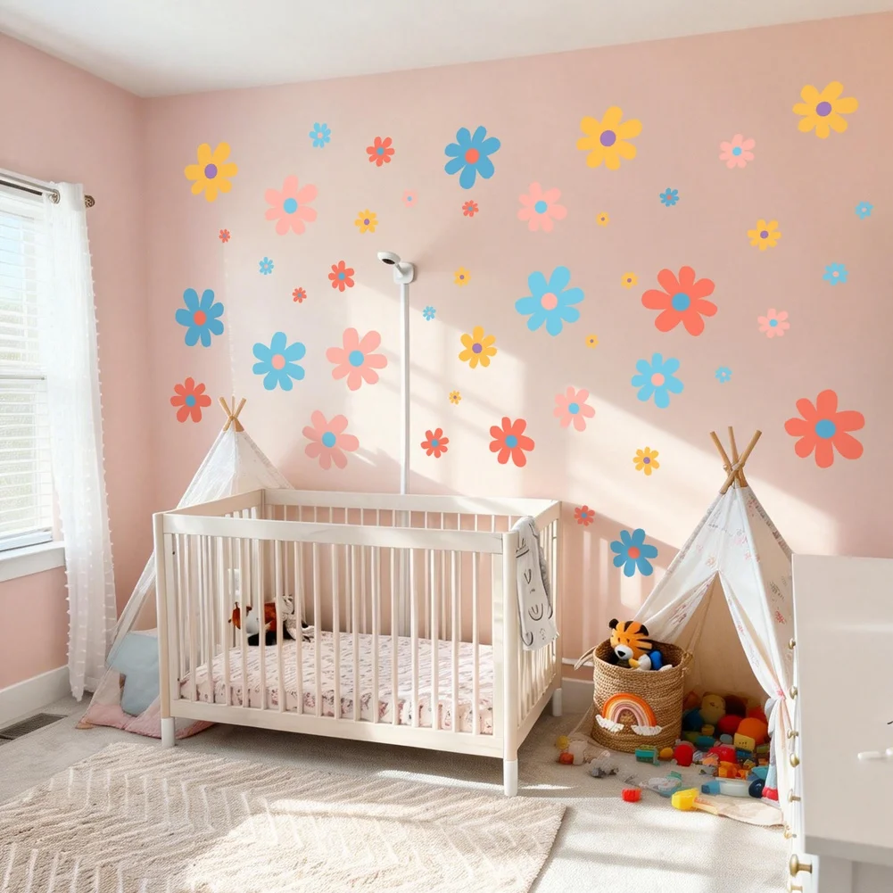 Macaron-Themed Floral Wall Stickers for Childrens Room Decor Reusable PVC Material Compatible with Smooth Indoor Surfaces