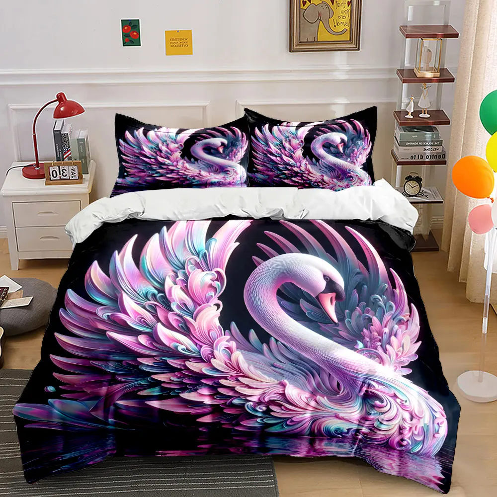 Dreamy Colorful Swan Art Design Bedding Set for Kids Luxury Gift 3pcs Digital Print Comforter Set Soft Comfortable Breathable
