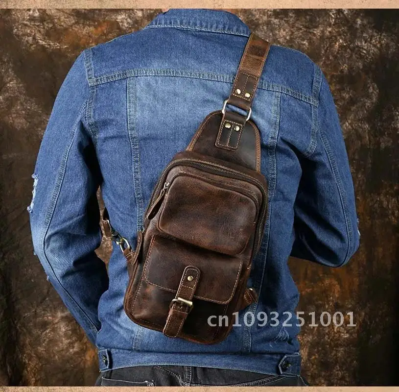 

Men's Genuine Leather Chest Bag Leather Big Capacity Crossbody Bag Sling Cell Riding iPad Phone Male Messenger Casual Bag