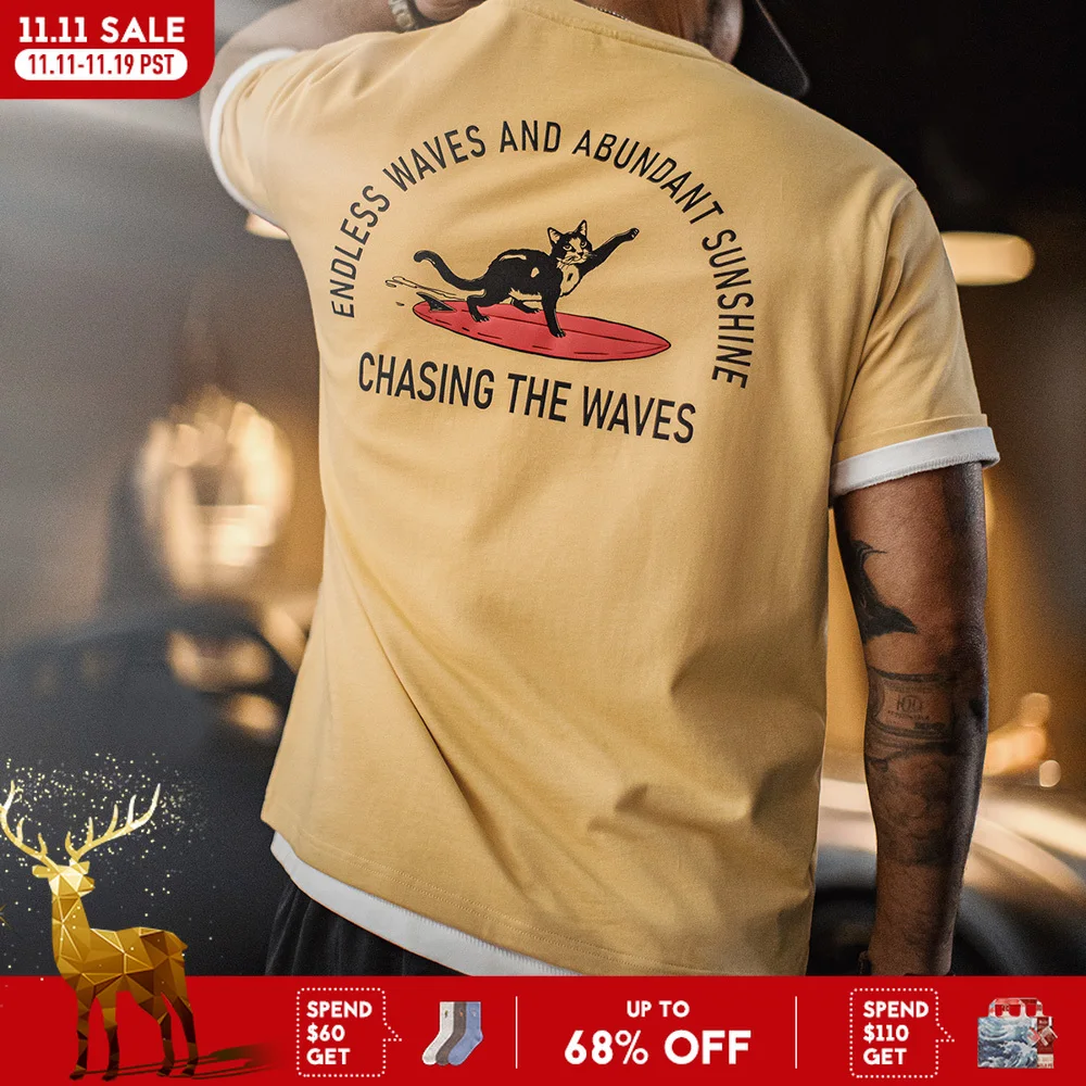 

Maden Vintage Foam Print Short Sleeves T-Shirt Men's Summer Heavyweight Yellow Cotton Tee Loose Fit Crew Neck Casual Street Tops