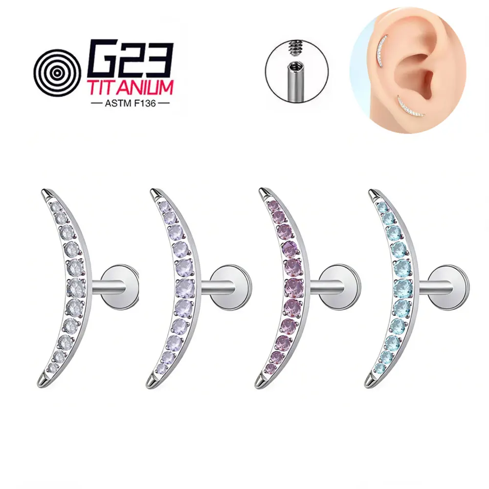 ASTM F136 G23 Titanium piercing Moon Ear Stud Internal Thread CZ Labret Piercing Cartilage Body Jewelry For Girls