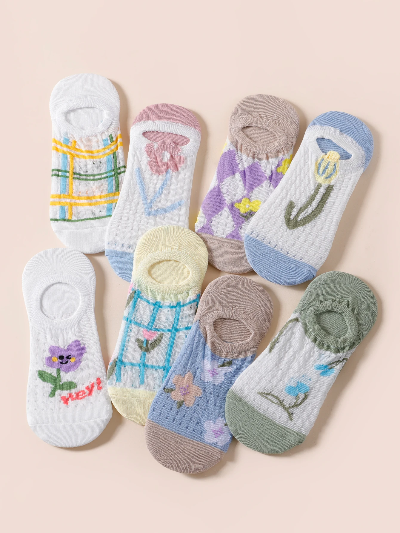 1/5/10/15/20 Pairs Random Solid Color Floral No-Show Socks, Ultra Comfort, Slim & Slimming Design