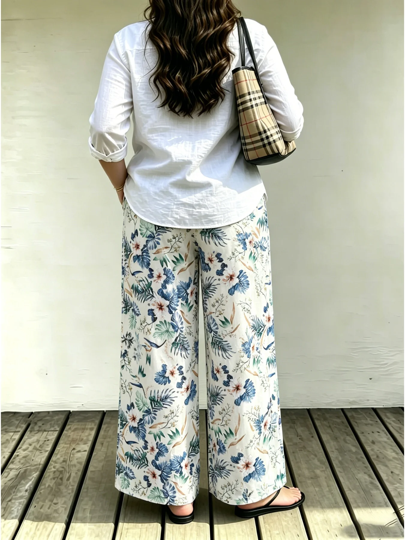 Large Size Women's Casual Bohemian Style Elastic Waistband Drawstring Loose Wide Leg Pants Long Pants
