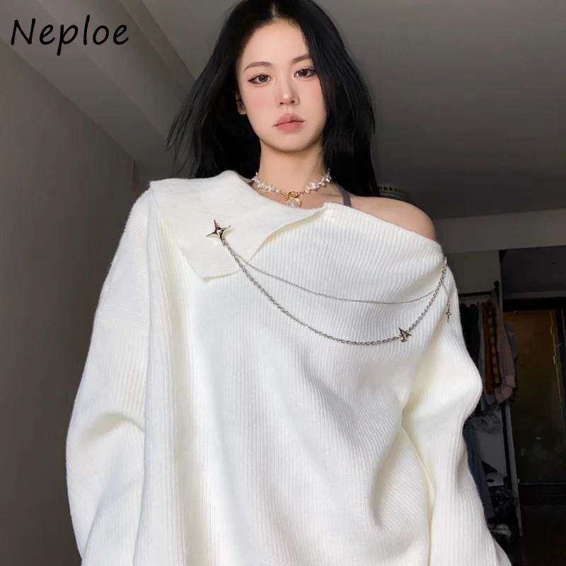 Neploe Japanese Sexy Off Shoulder Sweater Mujer Autumn Long Sleeve Tops Women Y2k E-Girl Mid-length Split Knitted Pullover