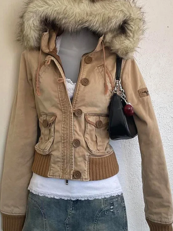 

Vintage High-End Zipper Jaet Women's Winter Design Unique Brown Hooded Top Faionable Casual Cotton Blend Long Sve