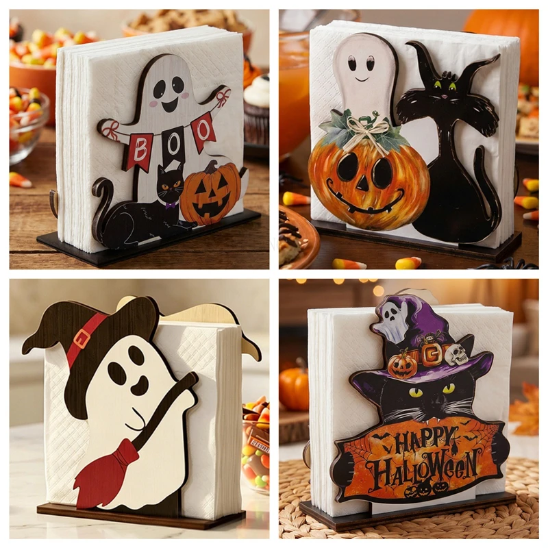 2Pcs Funny Wooden Halloween Tissue Holder, Ghost Pumpkin Black Cat Tabletop Ornaments, Holiday Dining Table Napkin Storage Decor