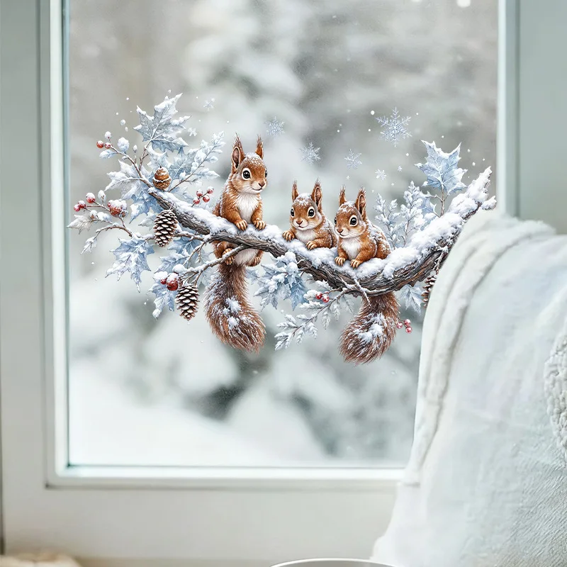 Christmas Static Window Clings Cute Squirrel Winter Snow Scene Glass Decals No-Glue for Holiday Home Window Decor