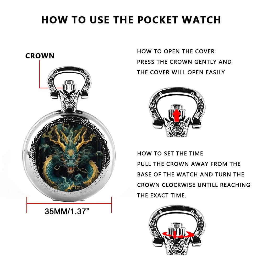 Cool Dragon Vintage Quartz Pocket Watch for Women Men Silver Necklace Pendant Clock Chain Kids Pocket Watches Gift Dropshipping