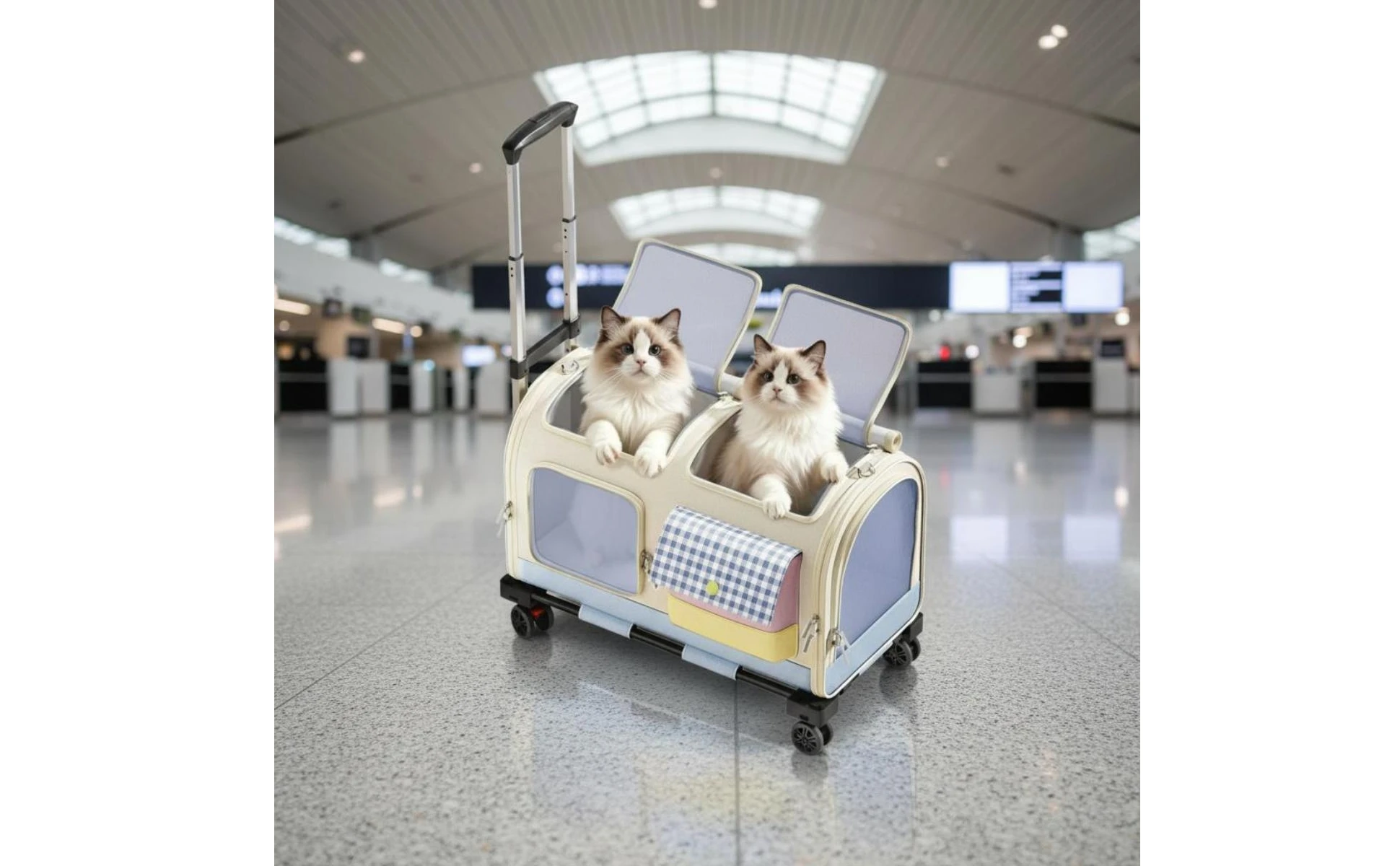 Feline Rolling Suitcase Telescopic Handle Pet Rolling Suitcase Multi-Feline Carrier Breathable Mesh Pet Carrier with Wheels