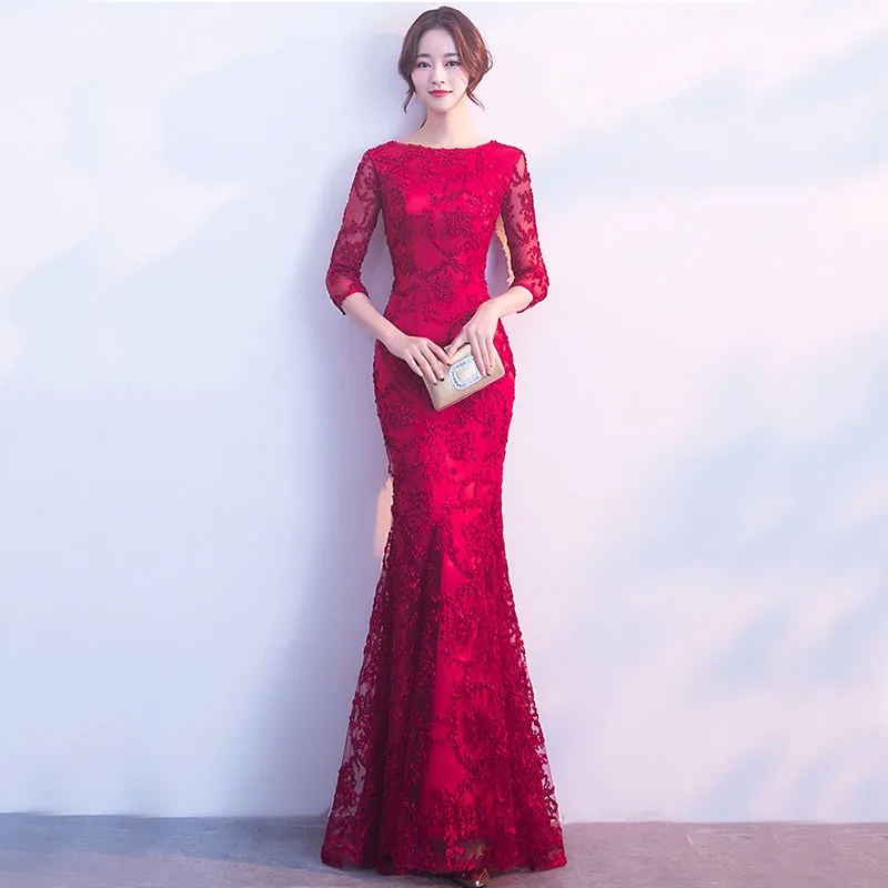 แขนยาว quincenara ชุดราตรี Burgund สี Vestido เย็บปักถักร้อย Mermaid PLUS ขนาด Robes Soirees PARTY Evens Gowns