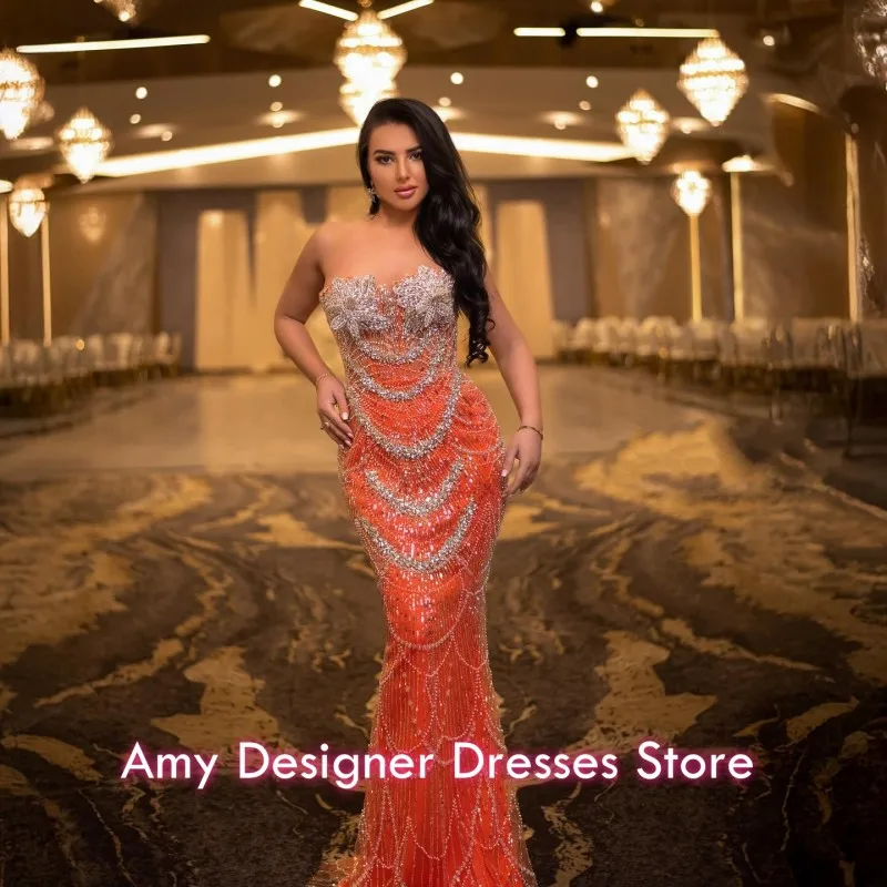 매력적인 오렌지 이브닝 드레스 크리스탈 인어 웨딩 파티 드레스 갈라 우아한 스팽글 댄스 파티 드레스 로브 드 소와레 맞춤 제작